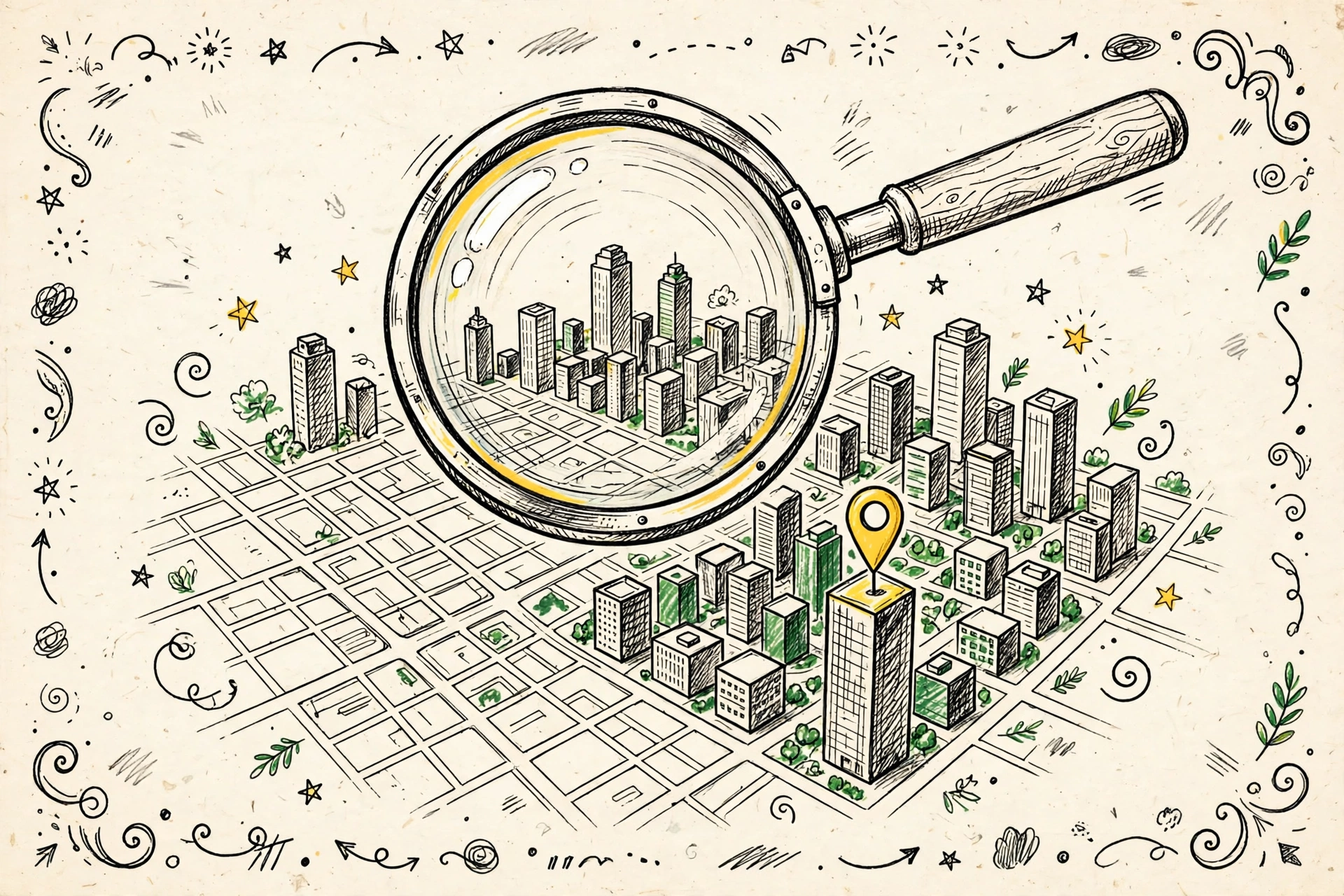 Hand-drawn illustration of SEO services in Noida — a magnifying glass over the city map with a location pin on a skyscraper
